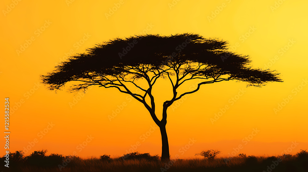 A silhouette of a tree against a golden yellow sunset, with a soft gradient blending into the horizon. Golden Horizon. Illustration