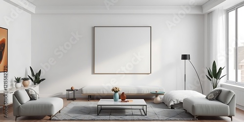 A 3D render of a mockup in a modern living room, featuring a flat design with simple, two-dimensional shapes, infrared tones photo