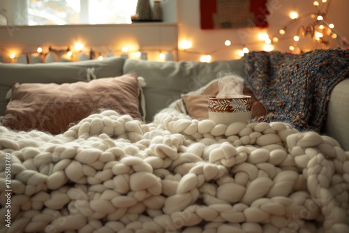 Cozy indoor relaxation with chunky knit blanket and warm beverage photo