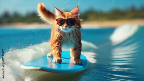 Funny cool cat in sunglasses surfs in ocean, pet surfer rides sea wave, animal in blue water in summer. Concept of sport, travel, vacation. 
