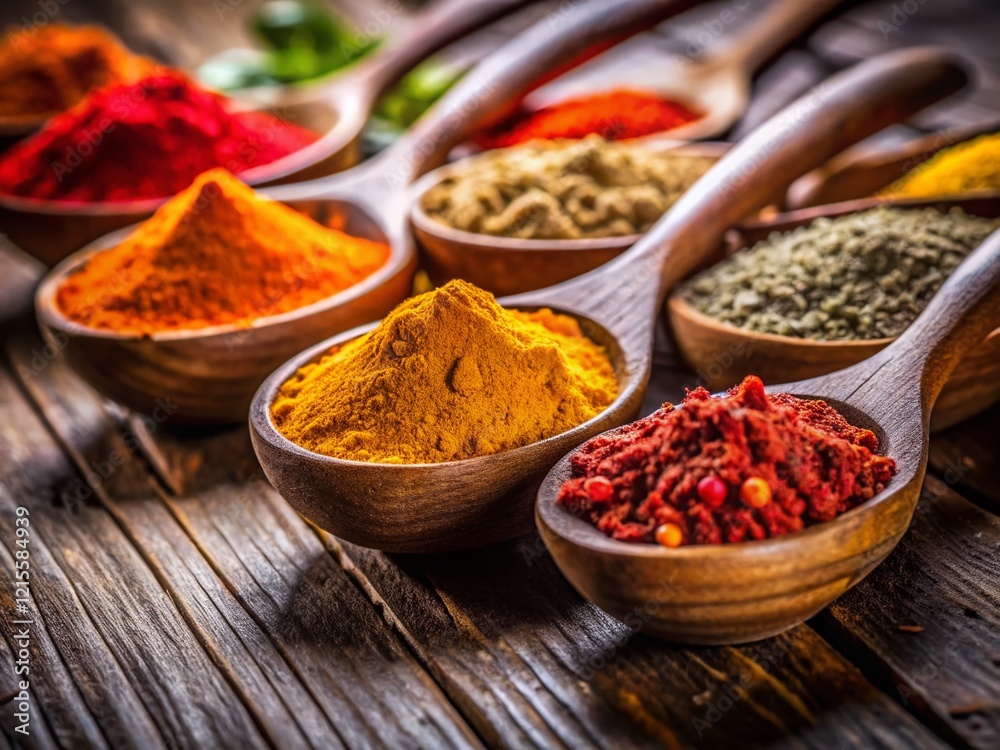 Vibrant Spice Powders on Rustic Wooden Spoons - Culinary Photography