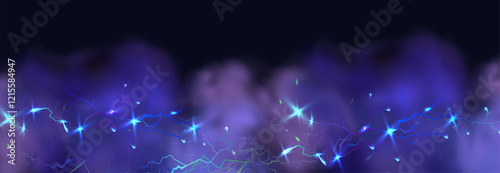 Powerful electrical current energy. Flash of lightning in a magic frame. Neon discharge in smoke effect.