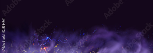 Powerful electrical current energy. Flash of lightning in a magic frame. Neon discharge in smoke effect.