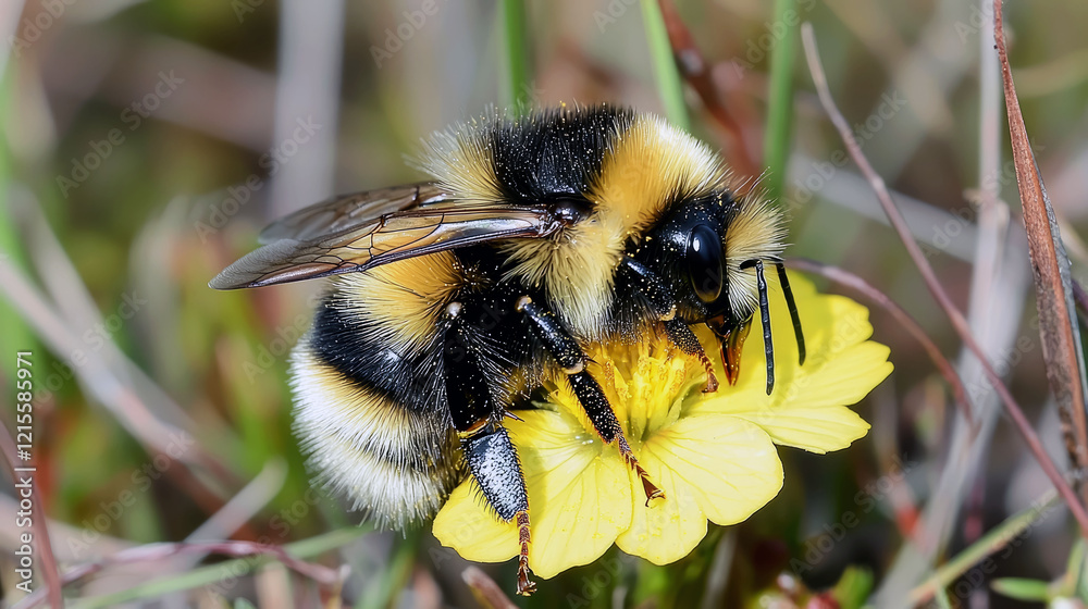 Close-up shot of a bumblebee pollinating a vibrant yellow flower. The intricate details of the bee's fuzzy body and delicate flower petals are showcased in stunning clarity. Close-up shot of a bumblebee pollinating a vibrant yellow flower. The intricate details of the bee's fuzzy body and delicate flower petals are showcased in stunning clarity.