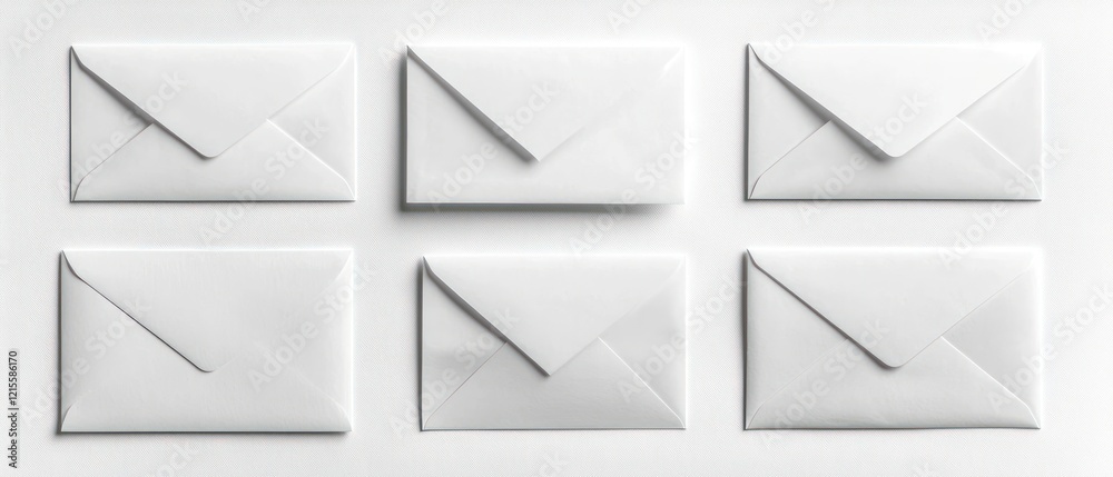 A collection of six white envelopes arranged neatly on a light background. A collection of six white envelopes arranged neatly on a light background.