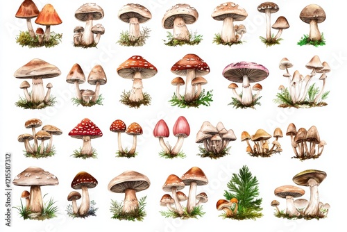 Modern hand-drawn forest mushroom illustrations. Includes colored mushrooms like fly agaric and blewit