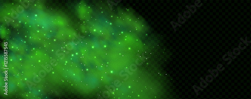 Realistic texture of fantastic smoke background. Green fog with glitter and shimmering glowing particles. Starry neon magic dust.