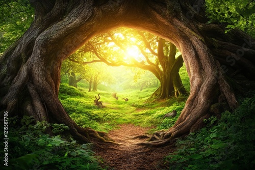 A magic teleport portal located in a mystical fairy tale forest, serving as a gate to a parallel fantasy world, illustrated in 3D
