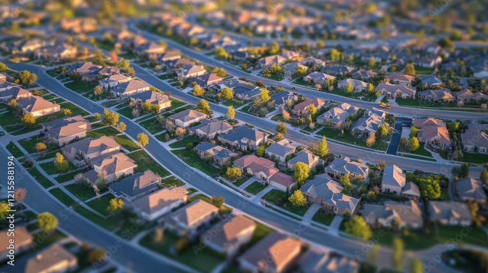 Obraz premium Aerial View of Suburban Neighborhood at Golden Hour