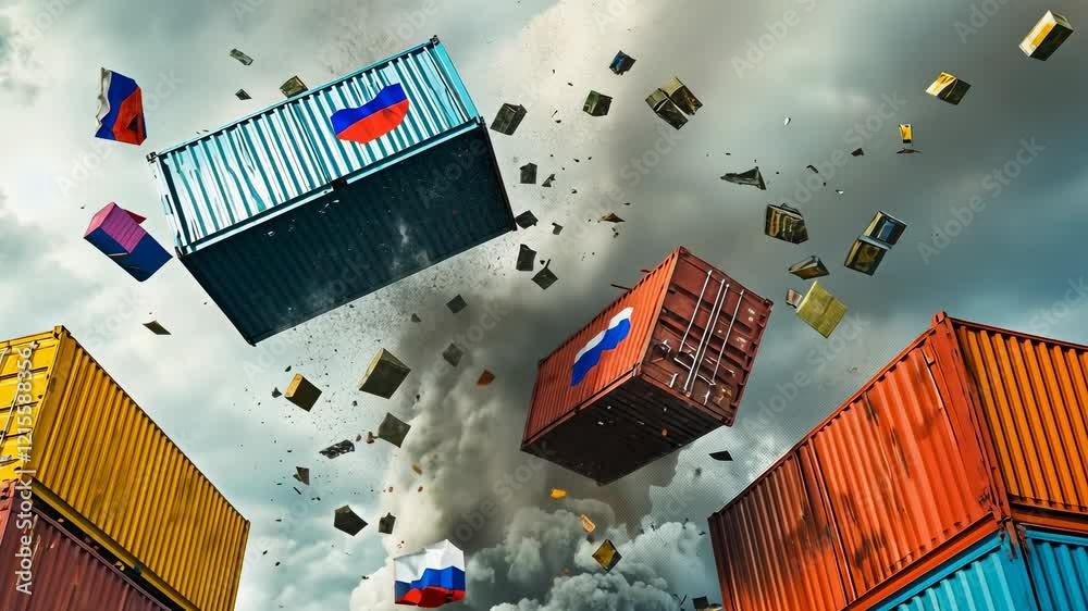 Colorful containers explode air,chaotic scene.scattering daytime.Debris ...