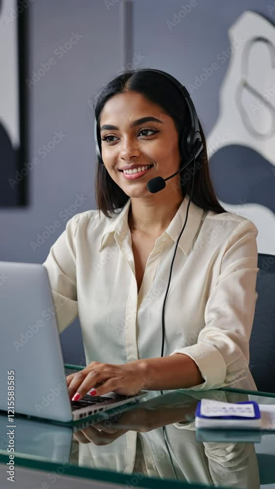 call center operator, confident female call center agent with headset typing on a laptop in a bright office call center operator, confident female call center agent with headset typing on a laptop in a bright office