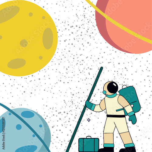 Astronaut is flying in space galaxy cosmos with planets and stars. Exploring missions with no gravity 