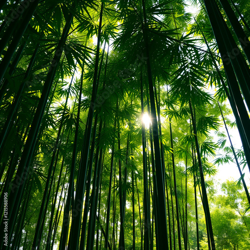 Serene nature idea. Lush green bamboo forest with vibrant sunlight filtering through foliage. photo