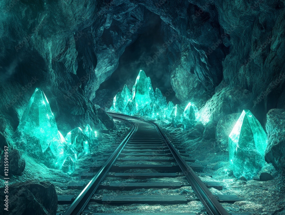 Naklejka premium Inside the dwarven mine, gemstones shimmer in the tunnels as dwarves toil away mining ores