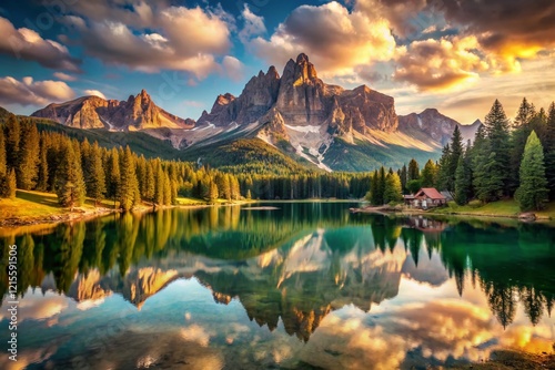 Vintage Dolomites Lake Federa Landscape: Croda da Lago Mountain Reflection photo