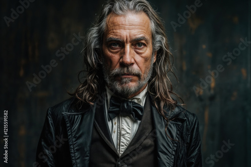 An intense man stands confidently with long, unkempt hair and a deeply wrinkled face. His expression reflects a life full of experiences, set against a dark, textured background. photo