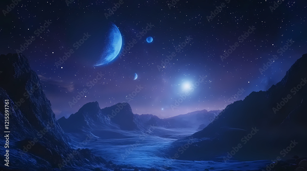 Cosmic landscape with giant planet and moons over mysterious valley at night. Heavenly Valley. Illustration Cosmic landscape with giant planet and moons over mysterious valley at night. Heavenly Valley. Illustration