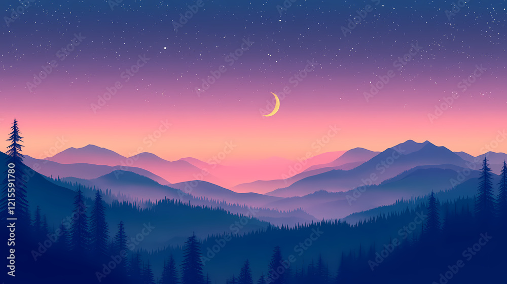 Crescent moon over misty mountain valley at sunset, starry night. Heavenly Valley. Illustration Crescent moon over misty mountain valley at sunset, starry night. Heavenly Valley. Illustration