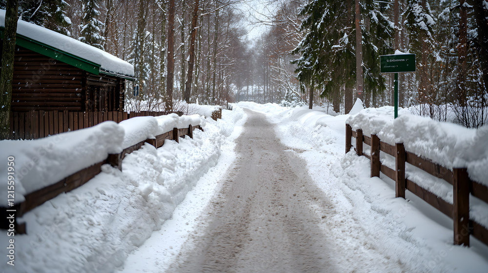A snow covered road with a wooden fence and a cabin in the background A snow covered road with a wooden fence and a cabin in the background