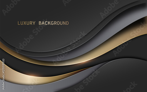 Elegant abstract design with curved layers in shades of black, gray, and gold overlapping. Luxury style background. Vector illustration