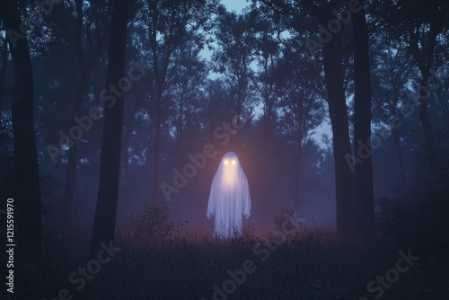 In a twilight misty forest, a Will-o'-the-wisp (ignis fatuus) emits a glowing light