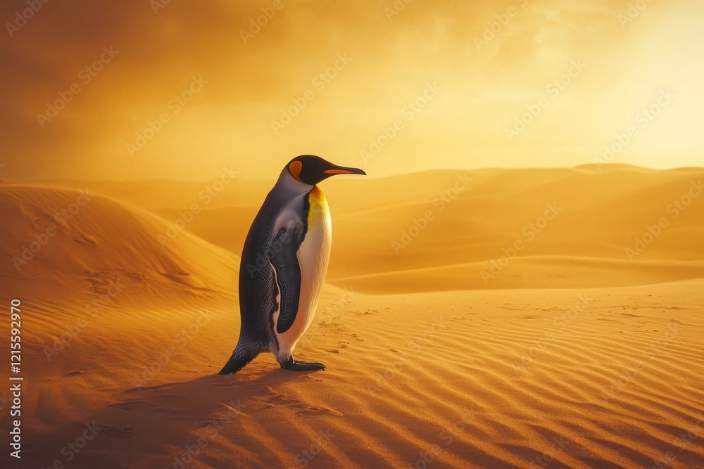 Obraz premium A majestic Emperor penguin stands gracefully on a sand in desert.