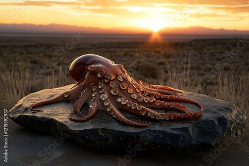 A large octopus rests on a dark rock against a vibrant sunset backdrop, casting a dramatic silhouette. photo