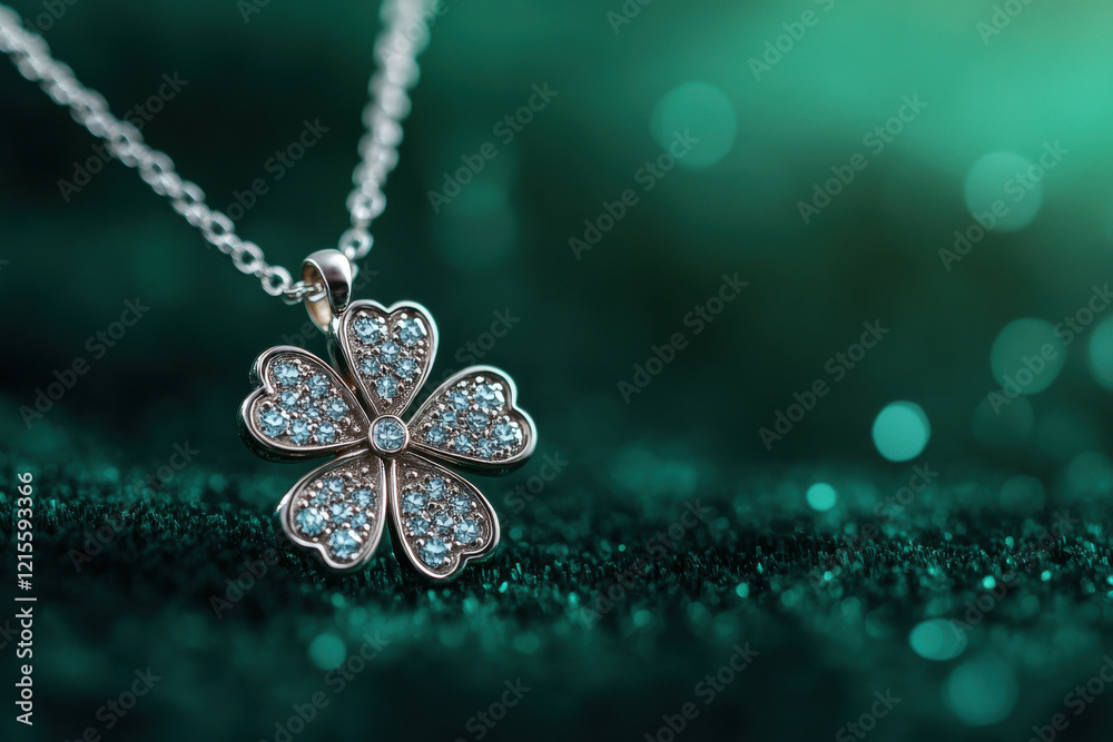 Naklejka premium A detailed close-up showcases a shimmering shamrock necklace crafted from silver and adorned with sparkling stones, elegantly displayed on rich green velvet fabric.