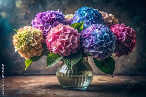Vintage Hydrangea Bouquet: Minimalist Decor, Soft Lighting, Elegant Still Life Photography