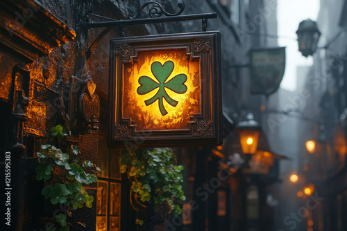 A vintage sign hangs outside a quaint Irish pub in a narrow, dimly lit alley. The glowing shamrock design adds warmth, surrounded by charming lanterns and greenery, evoking an inviting atmosphere. photo