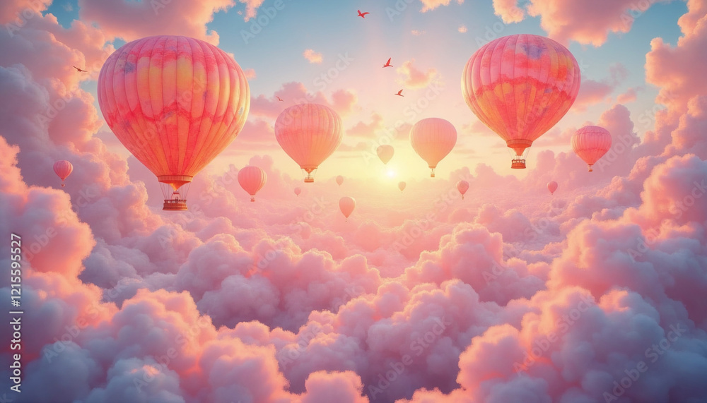 Obraz premium Pink balloons floating among fluffy clouds, dreamy sunrise scene