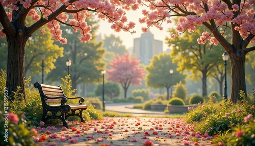 Park bench under blooming tree, soft sunlight, mild weather vibes