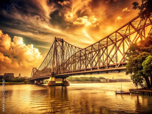 Vintage Kolkata: Howrah Bridge & Babughat Riverfront Landscape photo