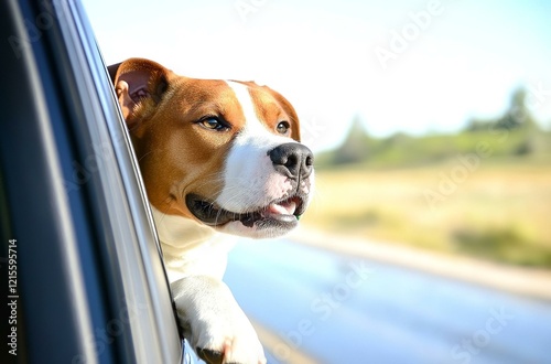 A cute brown and white dog joyfully sticking its head out of a car window enjoying the breeze and scenery on the drive
