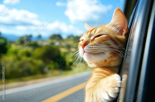 A cute cat joyfully sticking its head out of a car window enjoying the breeze and scenery on the drive