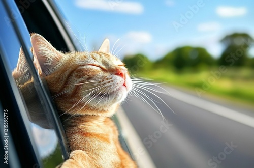 A cute cat joyfully sticking its head out of a car window enjoying the breeze and scenery on the drive