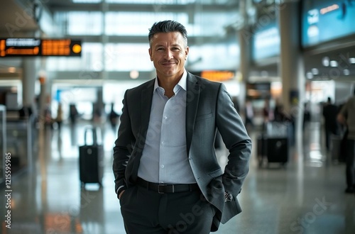 A welldressed man wearing a formal suit is standing at an airport with his hands casually tucked into his pockets photo