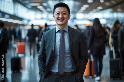 A welldressed man wearing a formal suit is standing at an airport with his hands casually tucked into his pockets photo