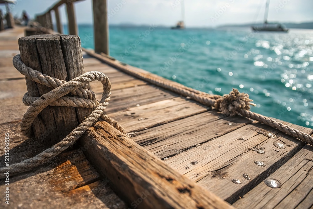 Weathered Wooden Dock, Nautical Rope, Ocean Water - Macro Photography Stock Photo Weathered Wooden Dock, Nautical Rope, Ocean Water - Macro Photography Stock Photo