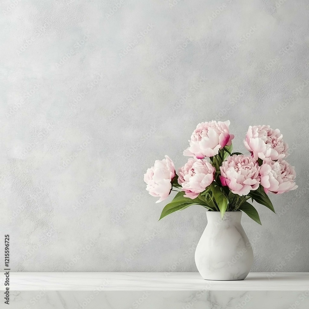 Fototapeta premium Empty white marble table with pink peonies in vase on concrete wall. Modern product presentation with copy space. Minimalist display scene with spring flowers.