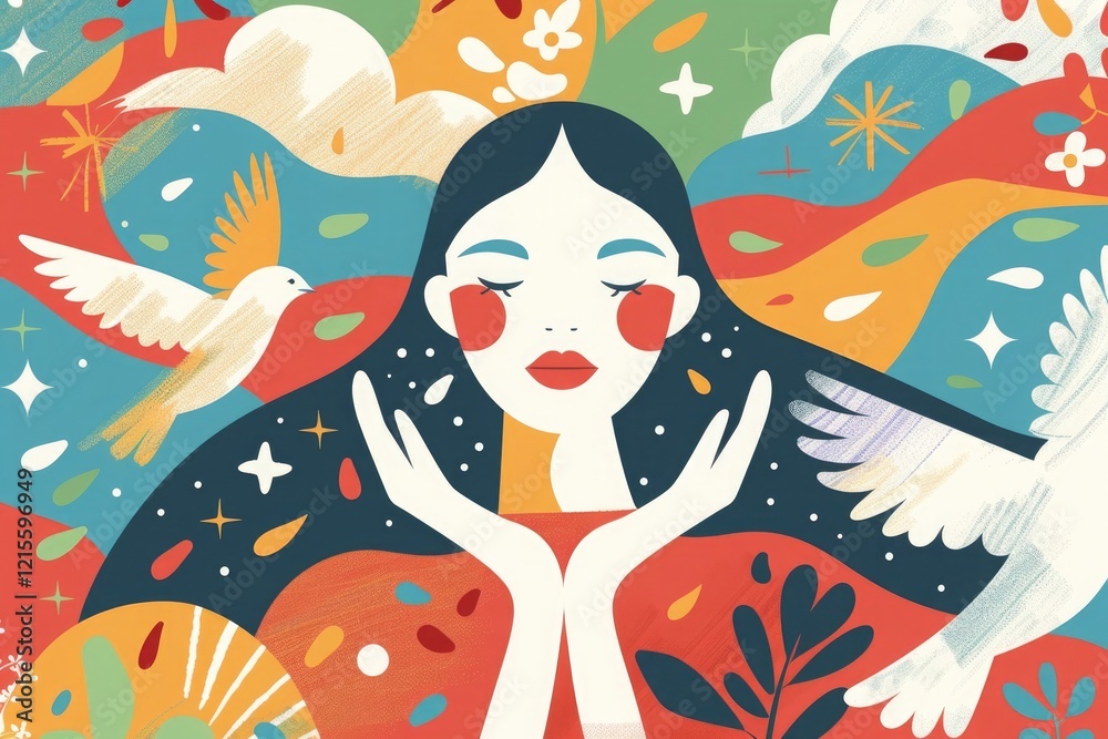 A vibrant illustration of a woman with flowing hair surrounded by nature, birds, and abstract shapes. A vibrant illustration of a woman with flowing hair surrounded by nature, birds, and abstract shapes.