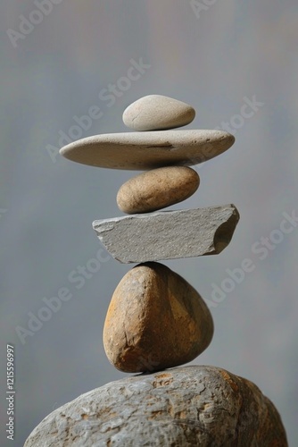 A stack of earthy stones balanced artistically against a muted gray background