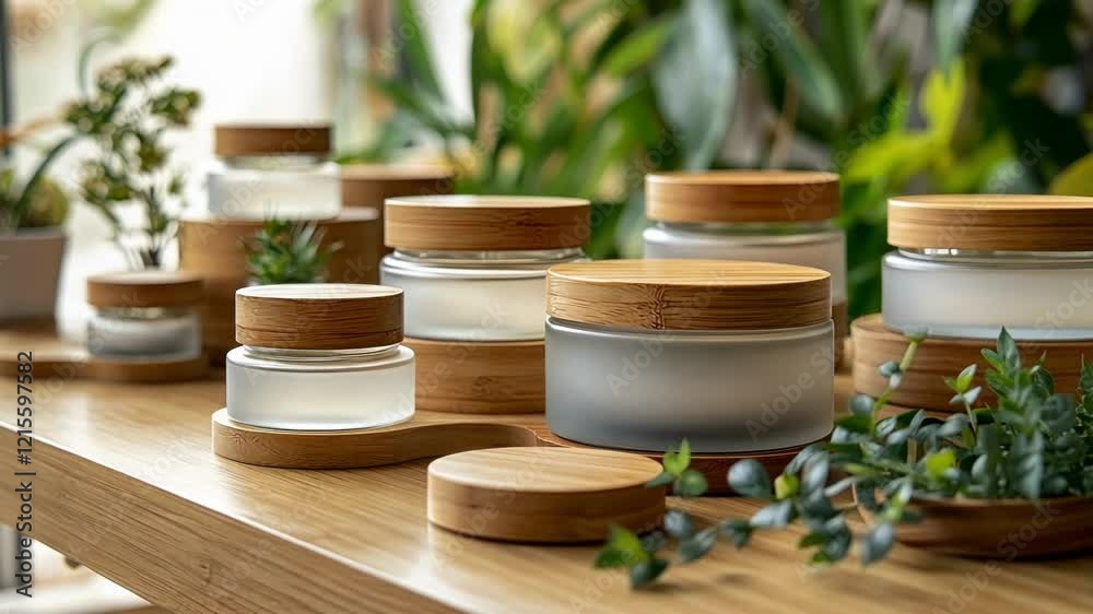 Frosted glass cosmetic jars with bamboo lids sit on a wooden display table, surrounded by small plants, creating a scene that emphasizes natural and sustainable beauty products Frosted glass cosmetic jars with bamboo lids sit on a wooden display table, surrounded by small plants, creating a scene that emphasizes natural and sustainable beauty products