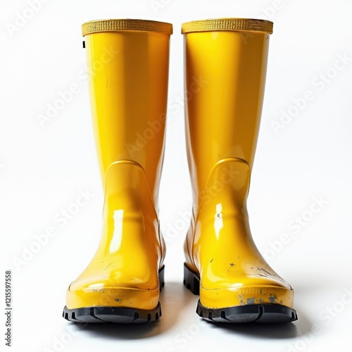 A pair of bright yellow rubber boots stand on a white background.  These waterproof boots are perfect for rainy weather. photo
