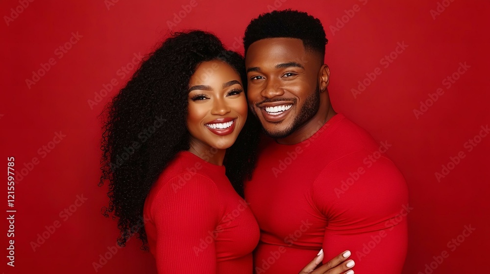 Obraz premium Young black couple hugging and smiling in red clothes isolated on red background. Portrait of African American man and woman in love.