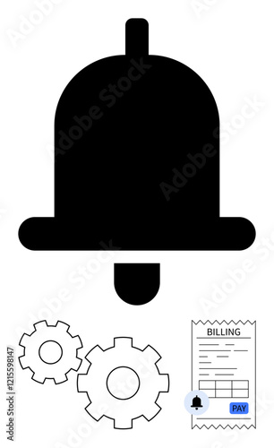 Notification bell, two gears, and billing receipt with PAY button. Ideal for reminders, notifications, scheduling, payments, alerts billing and automation. Line metaphor