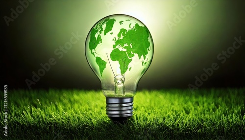 a green light bulb in the grass symbolizes green energy, sustainability but also climate change and global warming.