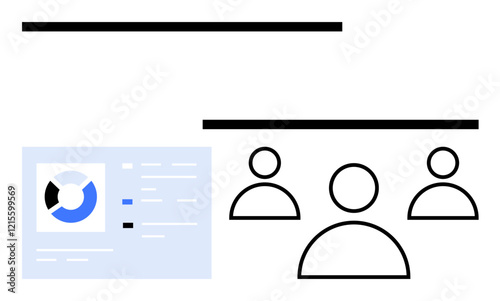 Abstract workspace featuring data visualization with a pie chart and three outlined people. Ideal for teamwork, collaboration, data sharing, analytics, communication, education, abstract line flat