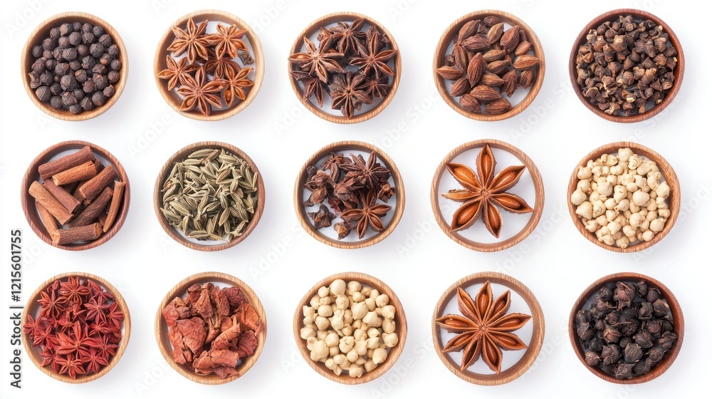 A collection of various spices arranged in bowls for culinary use and decoration. A collection of various spices arranged in bowls for culinary use and decoration.
