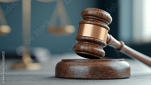 Gavel on table, justice scales background. Concept for law, legal, and judgment related images